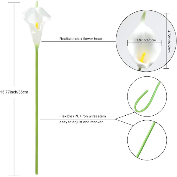 24 st konstgjorda latex calla liljor, realistiska enstammade calla