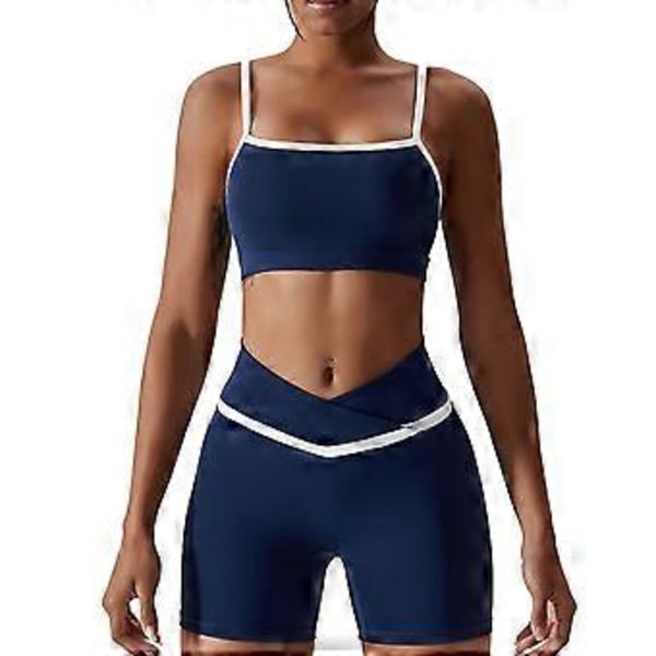 2-delt Yoga-sett Fargeblokk Spaghettistropp Kryss Midje Kvinne Sport Yoga-sett for Løping (M Shorts Midnatt Blå)