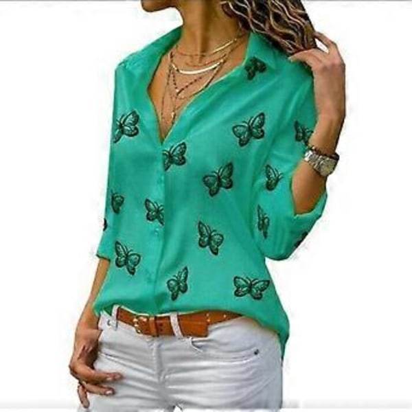Dame Sommerfugl Print Skjorte Nedadvendt Krave Knap Chiffon Bluser Plus Størrelse Langærmede Toppe (M lilla)