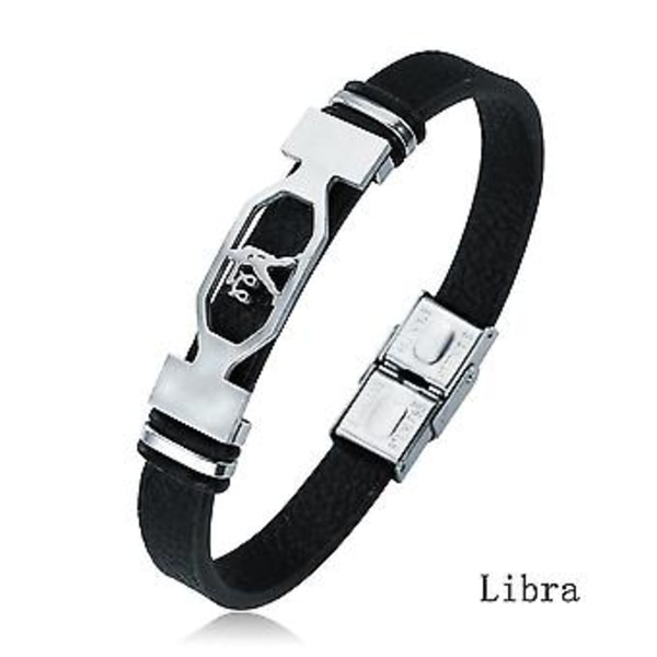 12 Constellation Stainless Steel Cuff Bracelet Men Women Zodiac Sign Black Leather Wrap Bracelet Jewelry Pulseras Hombre (libra )