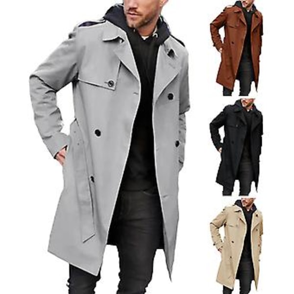 Herrar Höst Vinter Enfärgad Vindjacka Krage Långärmad Dubbelknäppt Fickor Bälte Slim Fit Lång Rock Streetwear (2XL Mörkbrun)