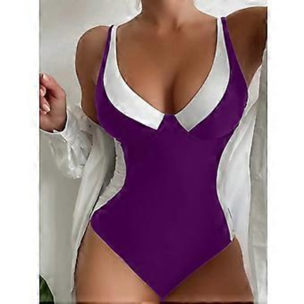 Damernas Baddräkt Färgblock Scoop Hals Krage En Delig Baddräkt Stretchig Elegant Baddräkt Bikini Simdräkt (S Lila Vit)