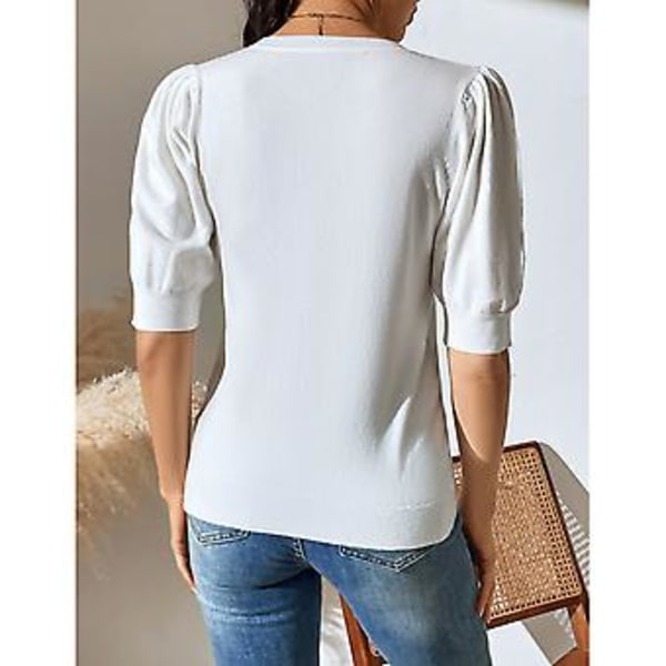 Dame Strikket T-shirt Kort Puffærmer Stramme Manchetter Ren Farve Casual Sommer Top Til Daglig Brug (L Hvid)