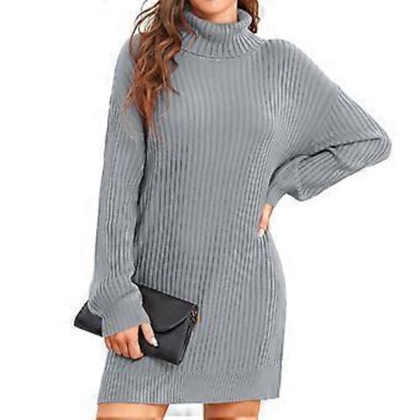Kvindesweaterkjole med Høj Hals til Efterår og Vinter - Afslappet Løstsiddende Lang Kjole med Puffærmer og Ribbet Strikket Design (S Lysegrå)