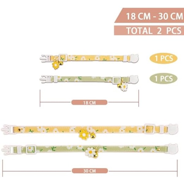 Set med 2 bomullskattkragar med klocka, gula och gröna blommor