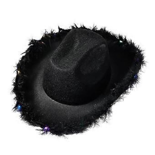 Lysande Cowboyhattar för Kvinnor Fluffig Fjäderbrätte Led Cowgirl Hatt för Möhippa, Maskerad, Utklädning (Svart)