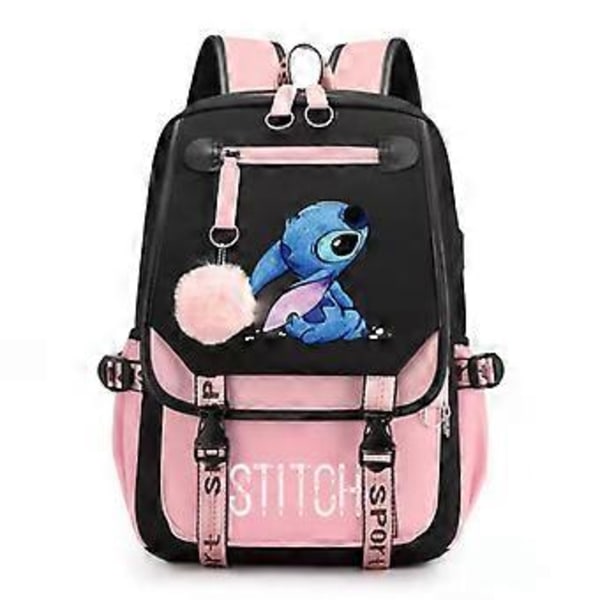 Stitch-tryckt USB-laddbar ryggsäck Casual Student Skolväska 7