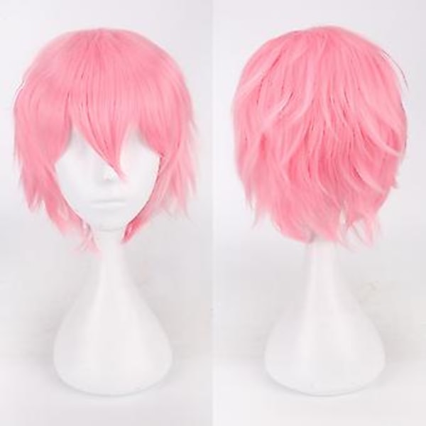 Peruk för cosplay, kort rak pojkstil, tecknad anime-fest, för män och kvinnor (rosa)