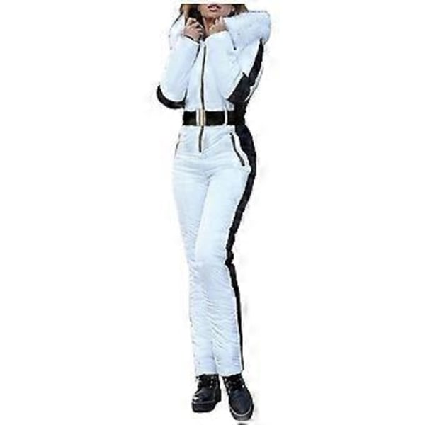 Dame Vinter Vanntett Ski Snowboard Sportsklær Dress Hette Foxs Pels Jumpsuit(M Hvit)