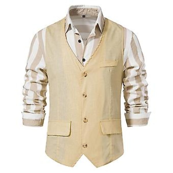 Retro Men's Solid V-neck Casual Single Breasted Suit Vest Business Formal Office Waistcoat With Pockets(2XL Khaki)