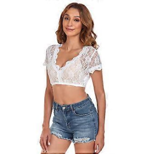 100% Ny Oppgradert Bayersk Oktoberfest Kostyme for Kvinner Tradisjonell Dirndl Bluse Ølhage Crop Top (38 Hvit kort erme)