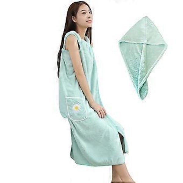 Mjuk Spa-badkroppsinpackningsset för kvinnor med handduk, badrock och snabb torkande hårtorkhuva! (L Grön)