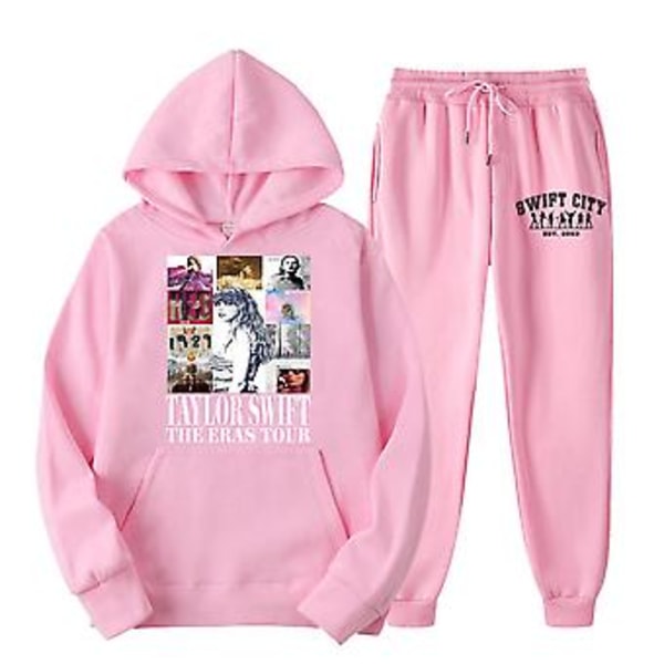 Dames Taylor Swift hettegenser og joggedresssett med trykk, topp og bukser, sportslig og avslappet, 2 deler (2XL rosa)