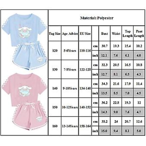 5-14-vuotiaille tytöille Cinnamoroll -urheilupuku söpö animaatio lyhythihainen T-paita + shortsit setti rento urheiluasu vaatteet (5-6 vuotta vaaleansininen)