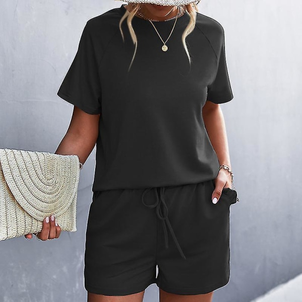 Ladies Loose Top And Shorts Home Clothes Women Summer Casual Crew Neck Black Black L