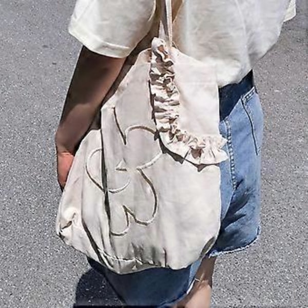 Spets Axelväska Spets Canvas Tote Väska Kvinnor Leende Ansikte Rynkad Spets Canvas Väska Blommig Broderi Tote