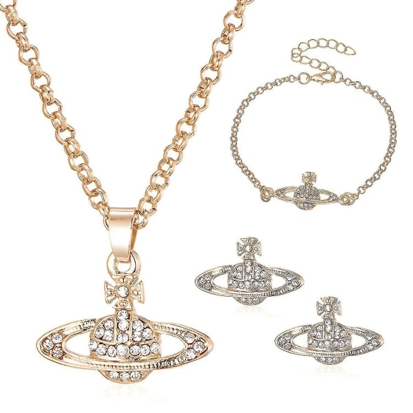 4pcs Crystal Saturn Heart Orb Set Necklace+bracelet+earrings Pendant Chains Gift Rose Gold