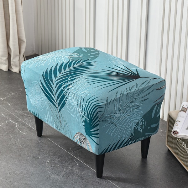 Lake Blue Leaves Ottoman Cover Rektangulær Stretch Ottoman Covers