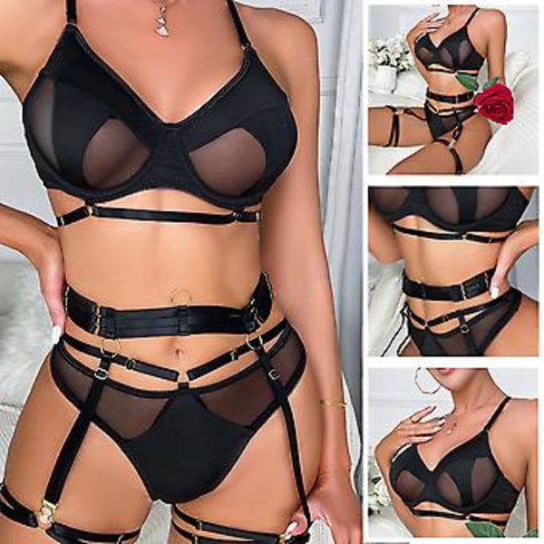 Svarta Mesh Benringar Genomskinliga Sexiga Lingerie Bekväma Ultratunna Unline Lingerie för Kvinnor (L)