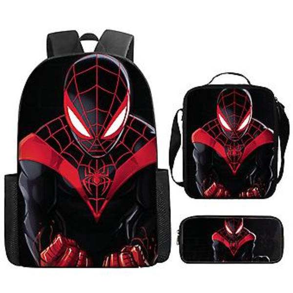 Marvel Spider-Man -reppu, lasten poikien ja tyttöjen sarjakuva-animekoulukassin, lounaskassin ja kynäkotelon setti, olkalaukku, matkalaukku, kolmiosainen lahja (A)