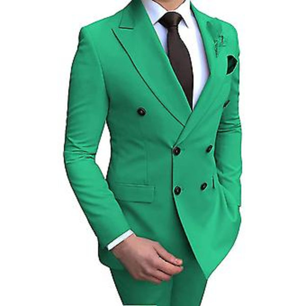Herre Dobbeltbrystet Blazer Suit 2 Dele Slim Fit Bryllup Brudgom Tuxedos Peak Lapel Formelle Prom Suits (38 Grøn)
