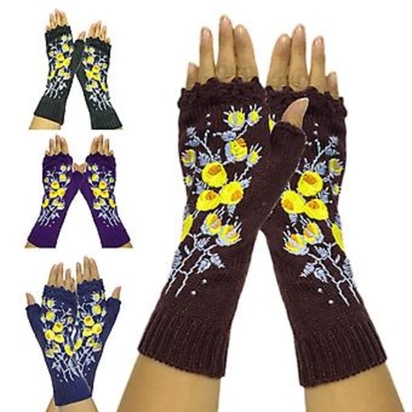 Dam Fingerlösa Vantar i Stickad Längd med Tumhål - Söt Liten Gul Blommig Broderi, Stickad, Armvärmare (1 par)