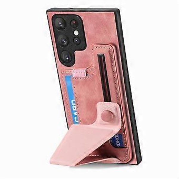 Skal för Samsung Galaxy S25 Ultra med Kortfack Ställ Retro Läder Baksida - Rosa (Rosa)