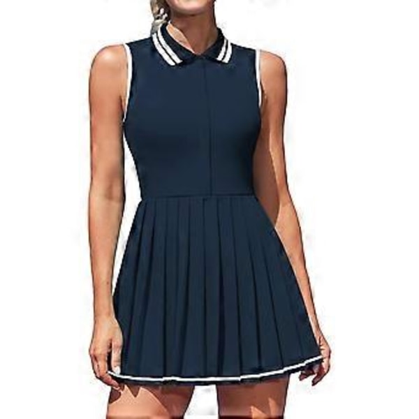 Charmleaks Naisten Tennismekot Ribbineulottu Poolopaita Golfmekko Puolivetoketjullinen Laskostettu Treenausmekko Sisäänrakennetuilla Shortseilla ja Rintaliiveillä (XL navy)