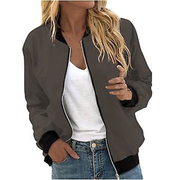 Womens Jackets Lightweight Zip Up Casual Bomber Jacket Coat Stand Collar Short Outwear Tops L Brown