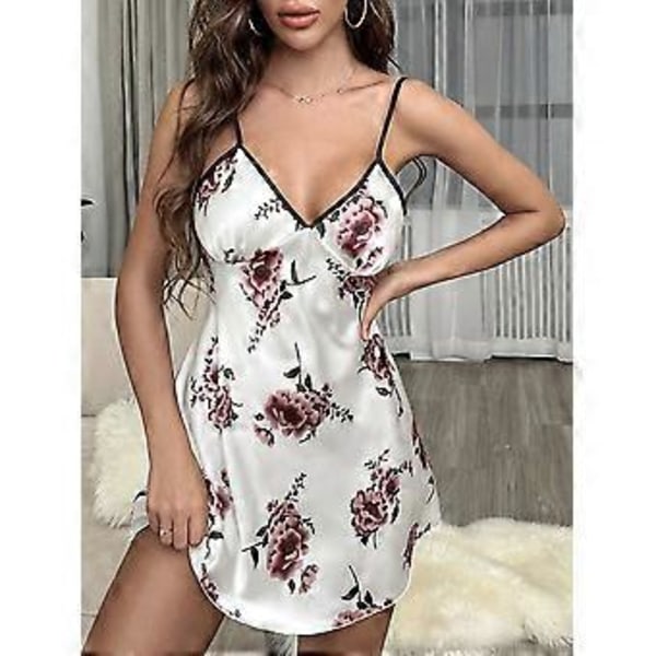 Kvinner Satin Trykt Chemise Nattkjole Kjole Ermeløs Sexy V-Hals Nattøy Ryggløs Sleepwear (XL hvit)