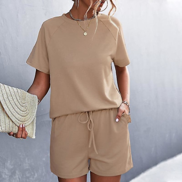 Ladies Loose Top And Shorts Home Clothes Women Summer Casual Crew Neck Khaki Khaki M