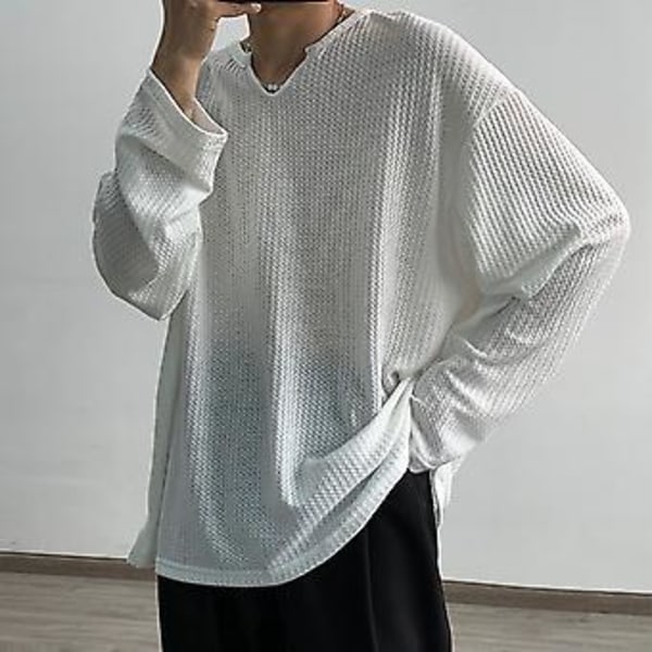Mænd Forår Efterår O-Hals Langærmet Trøje Solid Farve Løstsiddende Waffle Struktur T-shirt Streetwear (2XL Sort)