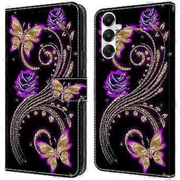 Magnetisk etui til Samsung Galaxy A35 5G med 3D-mønsterprint i læder (Lilla blomster og sommerfugle)