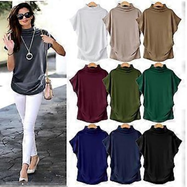 S-5XL Dame Turtleneck T-skjorte Sommer Kort Erme Ensfarget Casual Topper (XXXL lilla)