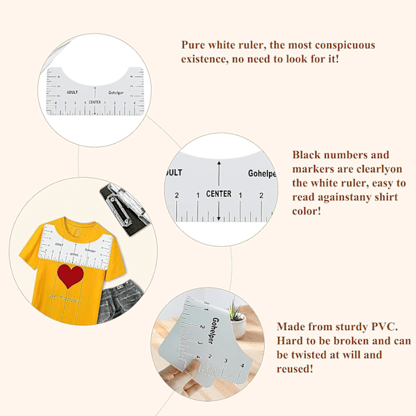 4 stk T-skjortejusteringslinjal for å sentrere designveiledning, T-skjortelinjal