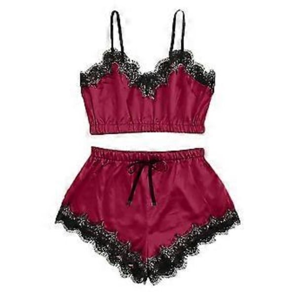 Dam Underkläder Spets Siden Satin Cami Linne Toppar Shorts Pyjamas Set Sovkläder Nattkläder Pj's -NMAOV(L Vinröd)