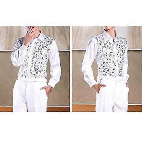 Herre Luksus Pailletter Performance Skjorte Revers Langærmet Enkeltknappet Bryllupsscene Skjorte Slim Fit Formel Casual Skjorte Toppe (XL himmelblå)