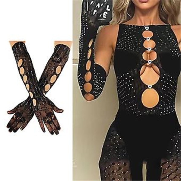 Dam Rhinestone Fishnet Långa Handskar Operahandskar Goth Långa Handskar Armbågshandskar