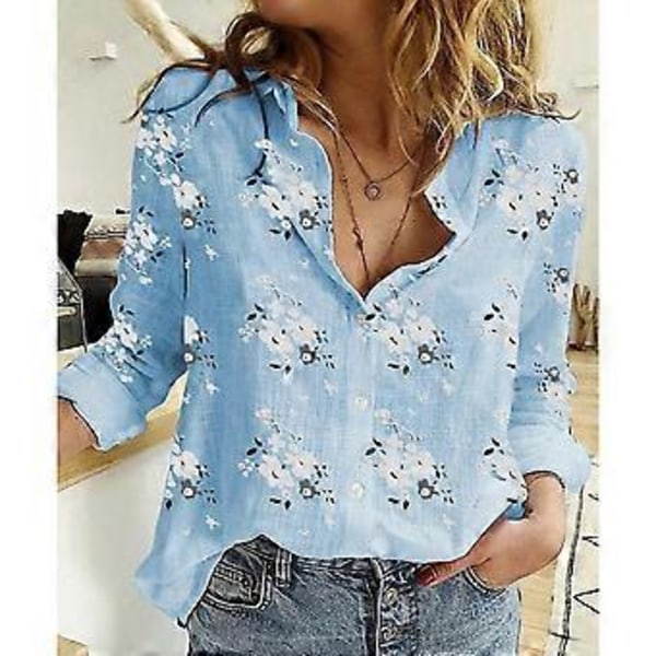 Vår Höst Blommig Tryck Skjorta Casual Lös Långärmad Bomull Linne Skjortor Plus Size Damtoppar (S gul)