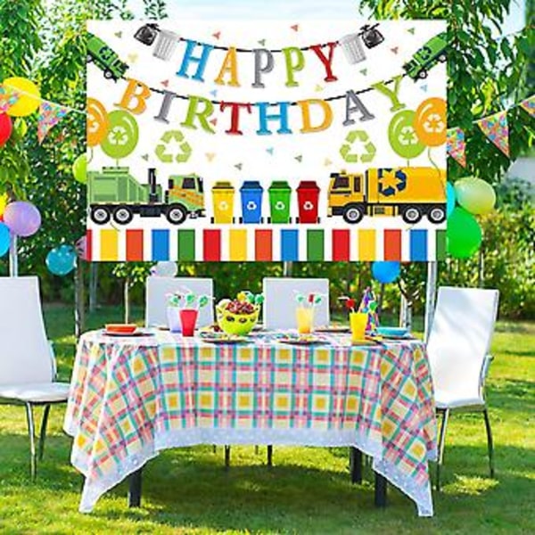 Skraldebil Happy Birthday Baggrund Farverig Lastbil Skraldespand Baggrund Drenges Fødselsdagsfest Dekorationer Forbrugsvarer Kagebord Banner Rekvisitter