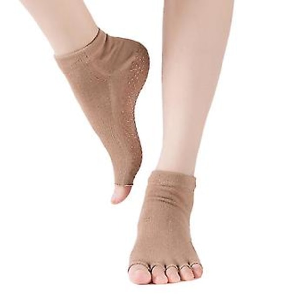 Yogasockor för kvinnor Pilates Barre Dans Ballet Halvtofflor Halvtåiga (Beige Gul)