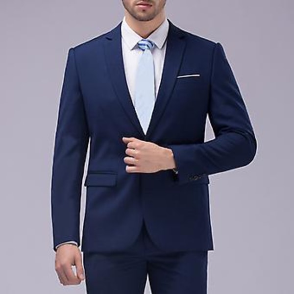 1 Sett Blazer Bukser Ensfarget Nedfellbar Krage Lang Erme Smal Passform To Knapper Formell Dress Bankett Ball (2XL Marineblå)