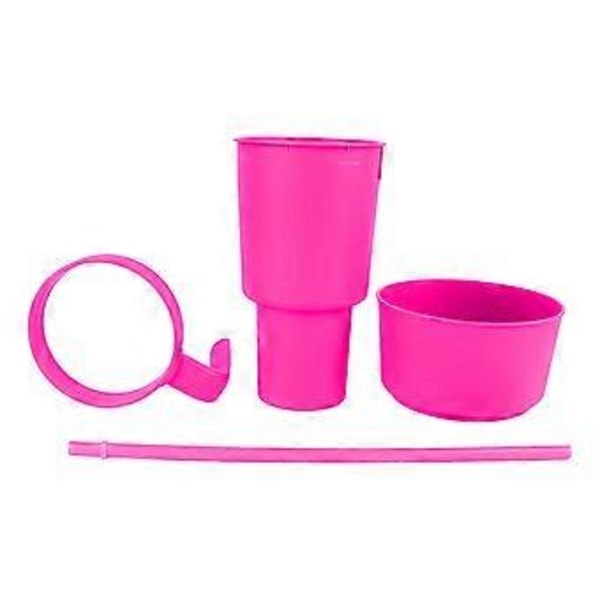 2-i-1 Snack- og Drikkkopp med sugerør, stor åpning, plastbeger, topp snacks-skål for kino, hjem, reise (rosa)