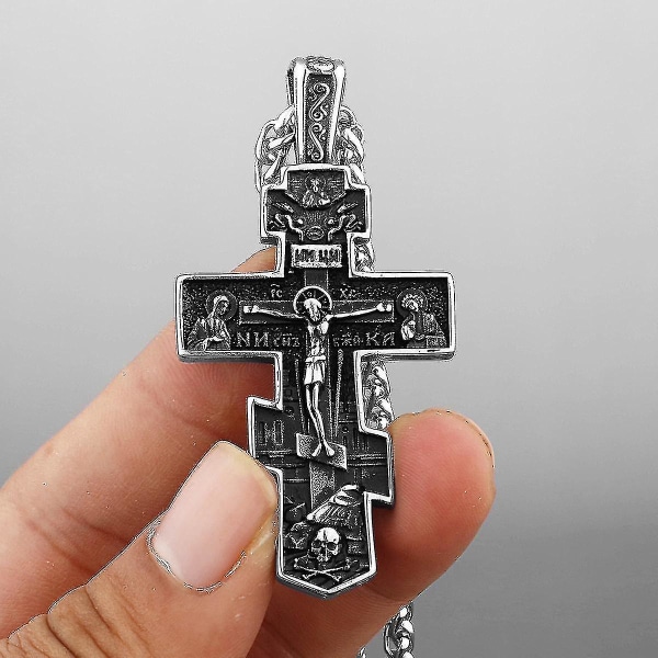 Jinzhaolai Orthodox Cross Necklace Women/men Religious Prayer Church Utensils Christ Jesus Pendant Long Chain Light Grey