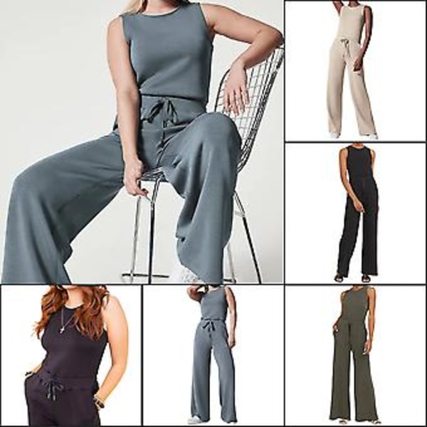 Ærmeløs Jumpsuit i Ensfarvet Design Vaskbar Høj Elastisk Stoffet Tøj til Daglig Arbejde Fest (L Grå Blå)