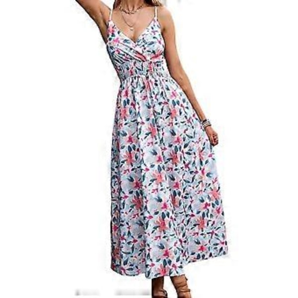 Sommar Klänning för Kvinnor, Avslappnad, Ärmlös, Blommig, Lös, Split, Maxi, Flytande, Lång, Strandklänning (L vit)