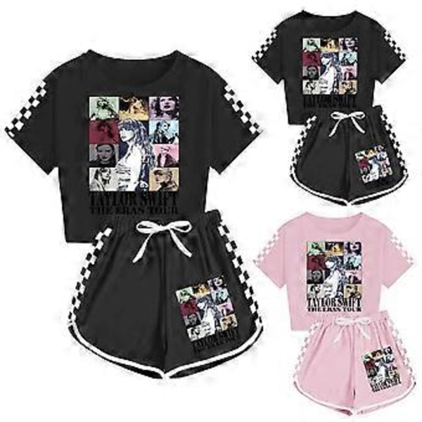 2-delt sett 7-14 år Jenter Taylor Swift The Eras Tour Sommer T-skjorte Topper Shorts Pjs Loungewear Tracksuit Antrekk (9-10 år Svart)