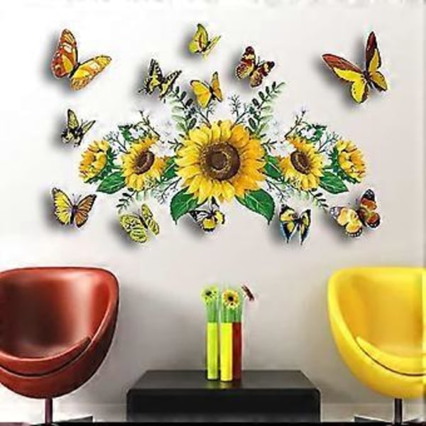Nye 3D Sommerfugl Solsikke Vægmærker Haveblomst Vægmærker Soveværelse Stue Tv Vægkunst Dekoration Murmalerier (Solsikke Og Orange Sommerfugl) Hurtig