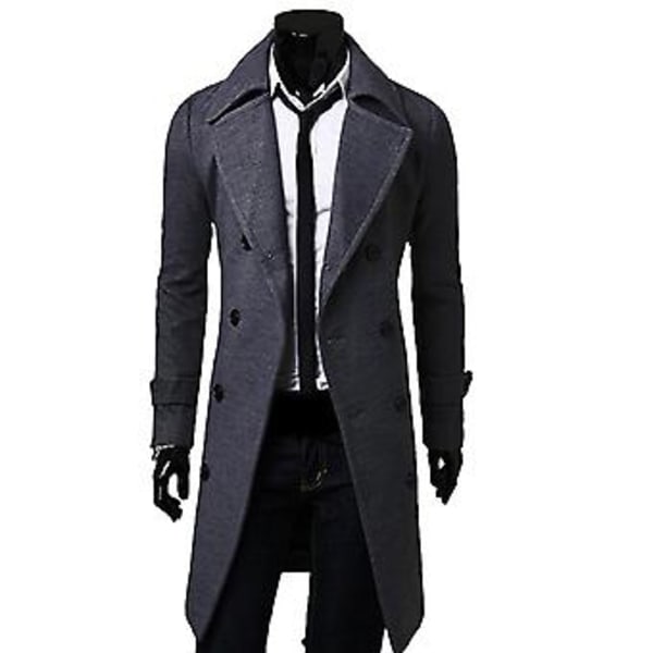 Fianao Lang Trenchcoat Dobbeltbrystet Ensfarvet Efterår Vinter Vindtæt Tyk Jakke (2XL Grå)
