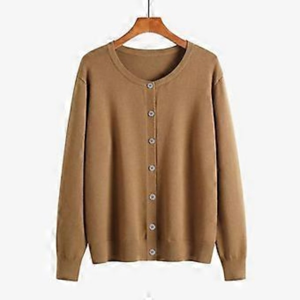 Forår og efterår dame cardigan ensfarvet rund hals enkeltknappet strikket bund dame sweater jakke (2XL guld, kamel)
